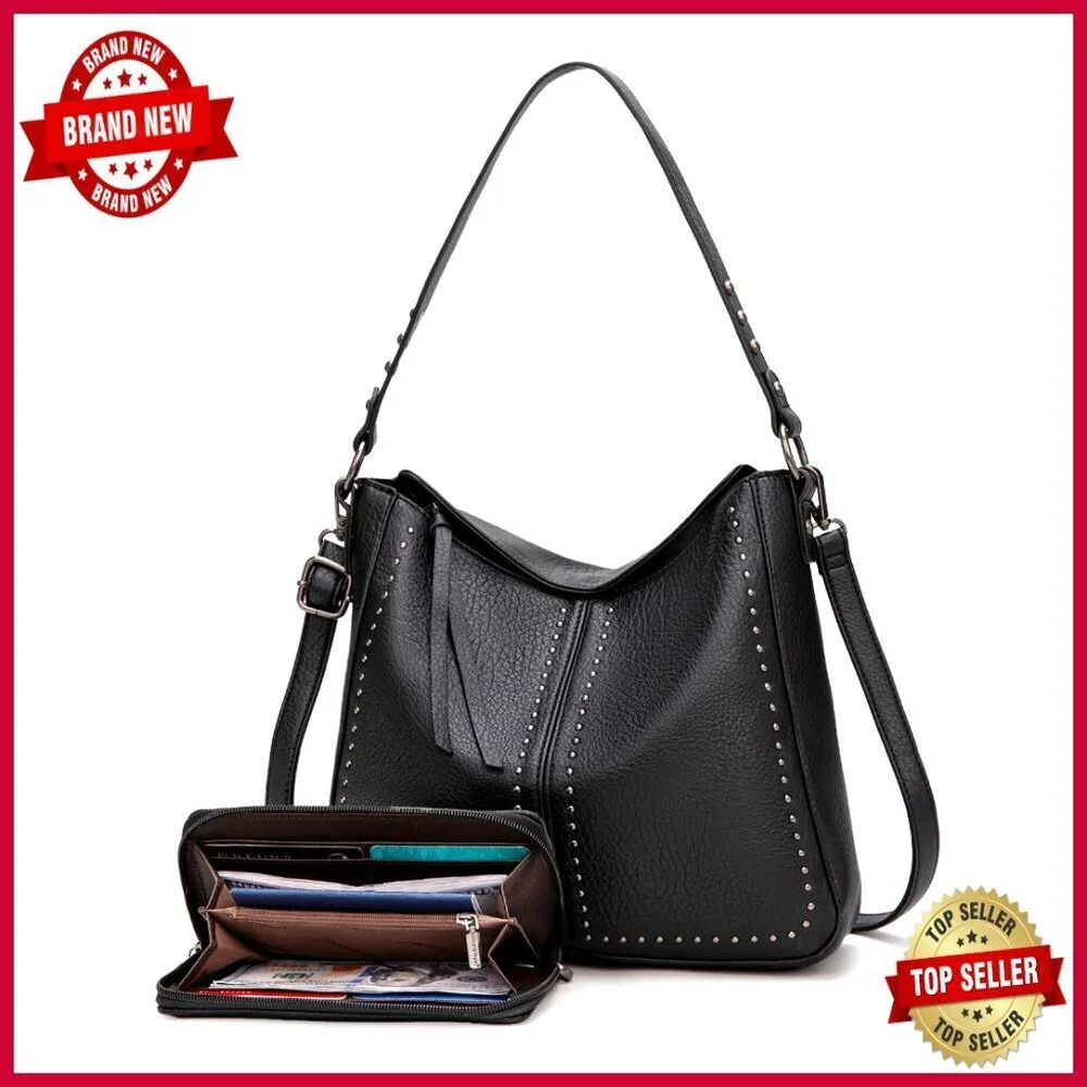 Spacious PU Leather Hobo Bag with Matching Wallet, Multiple Pockets